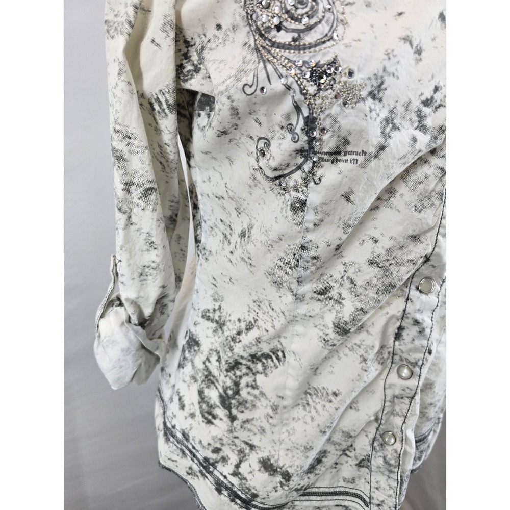 Roar Passion To Womens Western Snap Shirt White Black Rhinestone Acid Wash Med - Picture 4 of 7